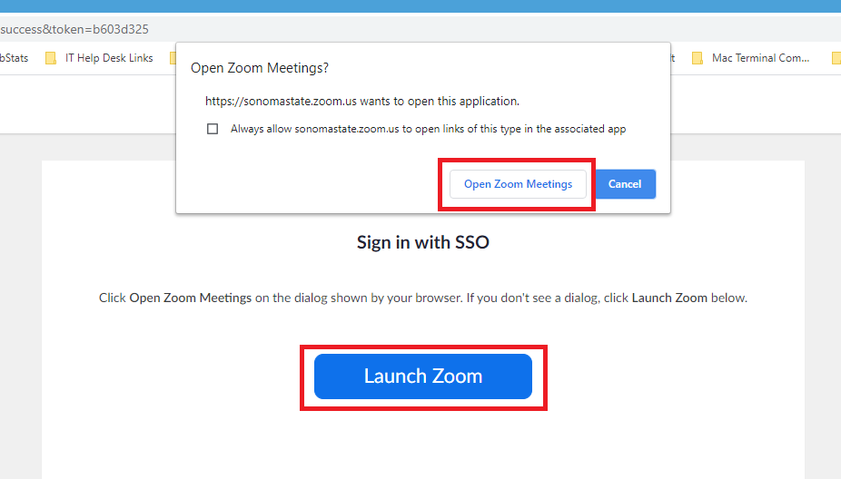 Web browser prompting to launch Zoom and Open Zoom meetings