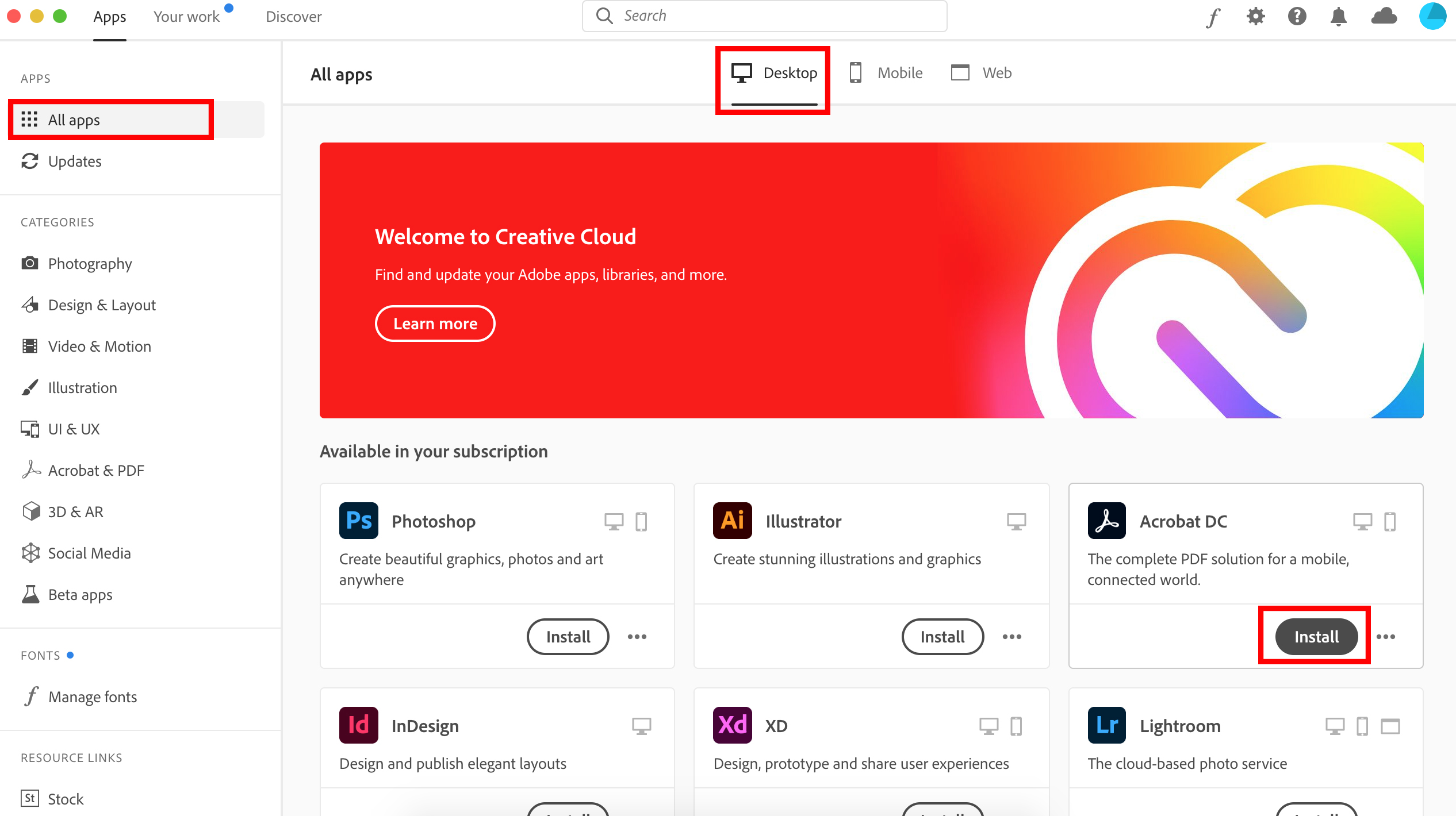 adobe creative cloud app install