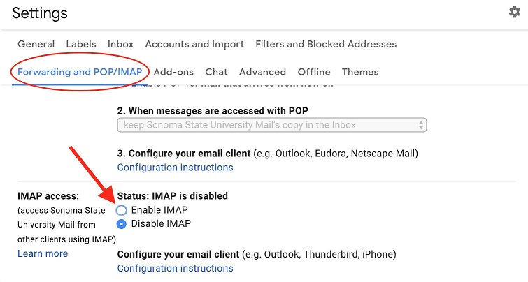 Screenshot of the Gmail Settings screen with the Forwarding and POP/IMAP subheading circled and an arrow pointing to the Enable IMAP radio button.