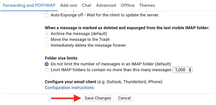 Screenshot of the Gmail Settings window with the Forwarding and POP/IMAP subheading selected and an arrow pointing to the Save Changes button.