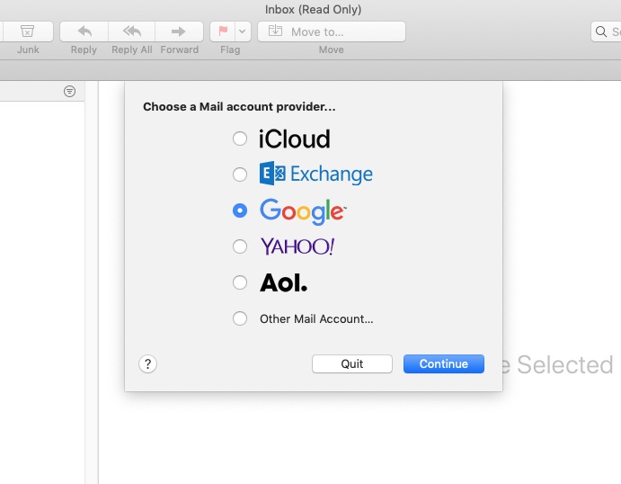 Screenshot of Mac Mail with the "Choose a Mail account provider" window at the foreground and the Google radio button selected 