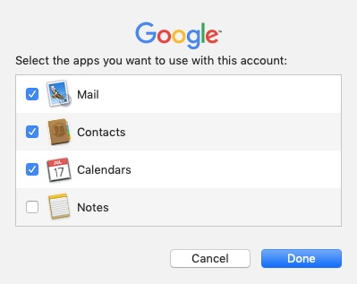 Screenshot of a Google window asking the user to select the apps they want to use with their account, with the Mail, Contacts and Calendars checkboxes checked and the Notes checkbox unchecked 