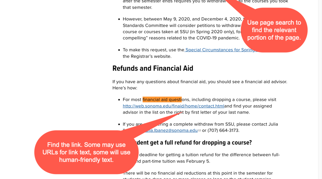 Use Find in page to identify the link.  Some may use URLs for link text, other will use human-friendly text.