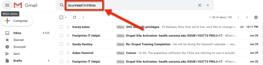 Results of the in: inbox and is: unread filter in a gmail inbox