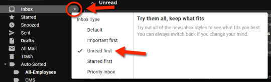The inbox drop down menu. The "unread first" option in the menu is highlighted by a red arrow.