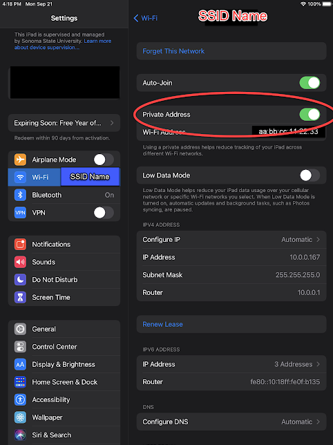 The wifi section of the settings app on an iphone highlighting the private address toggle switch