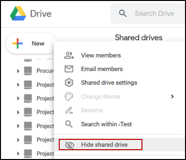 Google drive menu's options for a drive, including view members, email members, shared drive settings, search, and hide.