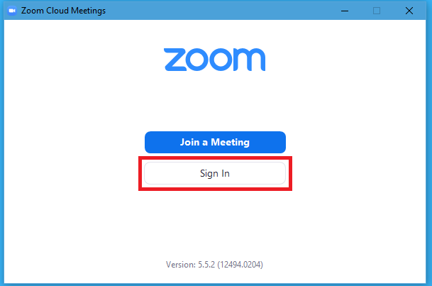 Initial Zoom Screen showing Join a Meeting and Sign In