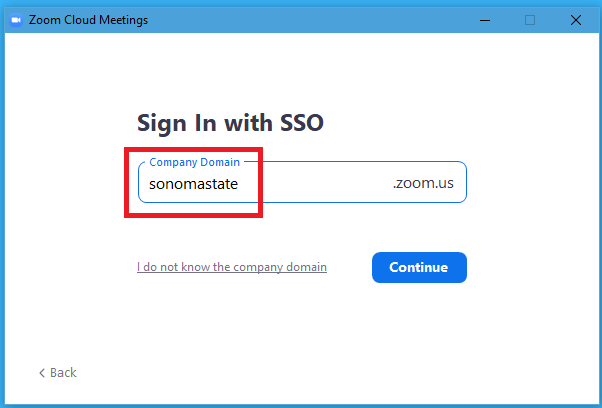 Zoom Sign in with SSO with Sonoma State entered