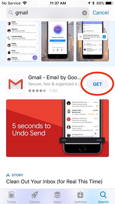 Screenshot of the iOS App Store, showing the Gmail app, with a circle around the Get button