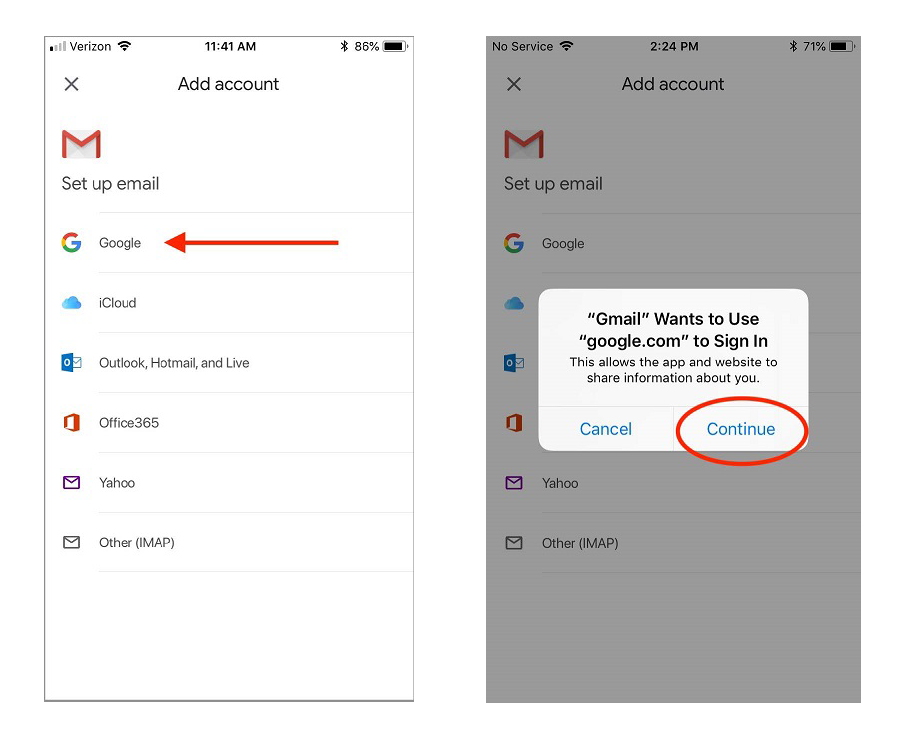 Screenshot of the Add Account screen in the Gmail app with an arrow pointing to Google, next to a screenshot with a push notification saying "Gmail Wants to use "google.com" to Sign In" and a circle around the Continue button 