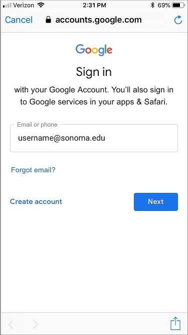 Screenshot of the Google sign-in page with a sample SSU email address in the "Email or phone" field 