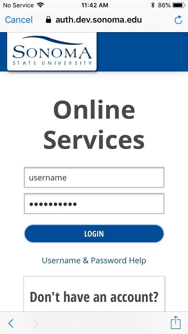 Screenshot of the SSU Online Services web page with a sample username and password entered in their respective fields 
