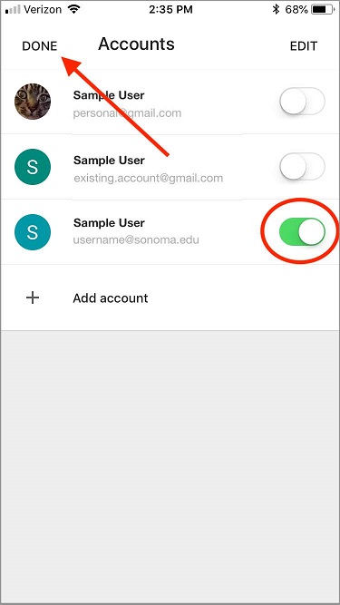 Screenshot of the Accounts pane in the Gmail app with a circle around the green "Enabled" slider next to the added account, and an arrow pointing up to the "Done" button 