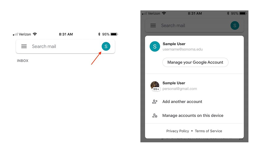 Screenshot of the search bar at the top of the Gmail app with an arrow pointing to a blue circle with an "S" inside of it, next to a screenshot displaying a window that shows all active accounts within the Gmail app and settings for adding or managing oth
