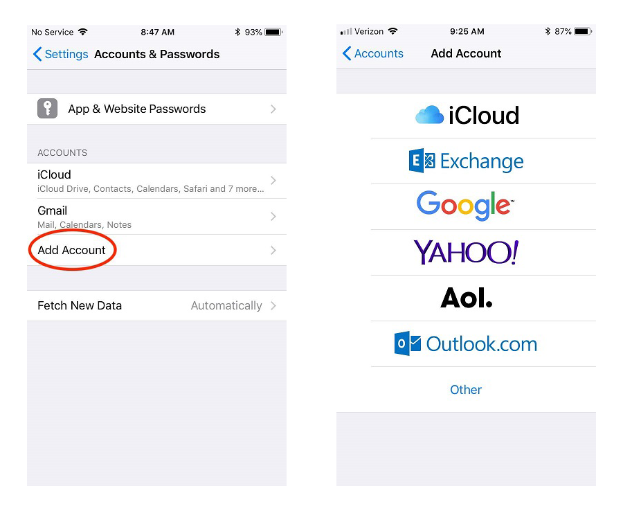 Screenshot of the "Accounts &amp; Passwords" screen in the Settings app with a circle around "Add Account" next to a screenshot of the "Add Account" screen 