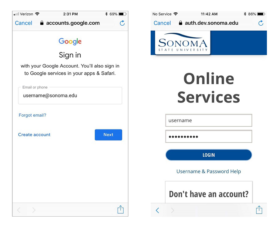 Screenshot of the Google sign-in page with a sample SSU email address entered in the "Email or phone" field, next to a screenshot of the SSU Online Services login page with a sample username and password entered in their respective fields 
