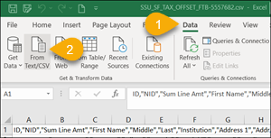 Excel top ribbon with the Data tab open. A callout marked 1 points to the tab name, and a callout marked 2 points to the From Text/CSV button.