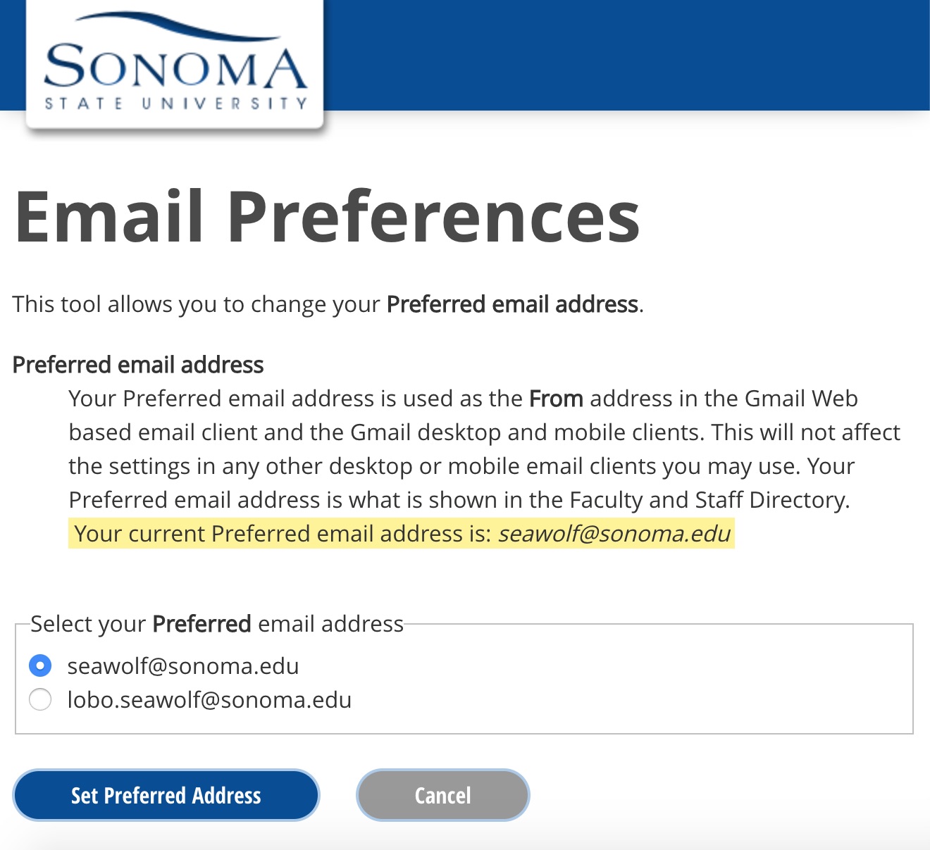 Screenshot of the Email Preferences tool