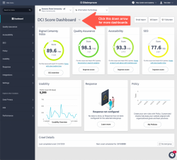 screenshot of Siteimprove DCI dashboard, with red arrow pointing to the dashboard select menu.