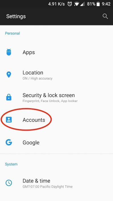 Screenshot of a non-Samsung Android Settings screen with Accounts circled