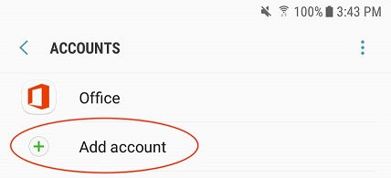 Screenshot of the Accounts pane of Settings with "Add account" circled 