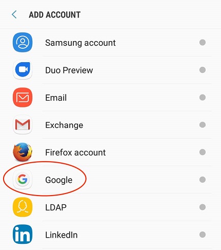 Screenshot of the "Add Account" screen with "Google" circled 