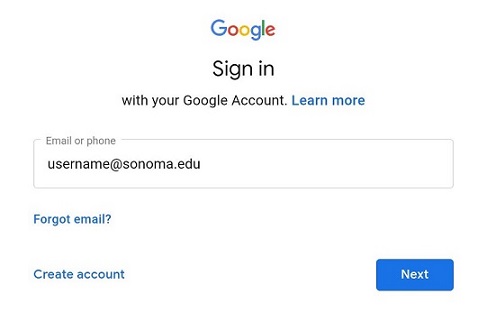 Screenshot of the Google "Sign in" screen with a sample email entered in the "Email or phone" field 