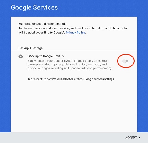 A screenshot of the "Google Services" window with a circle around the toggled-off setting for "Back up to Google Drive" 