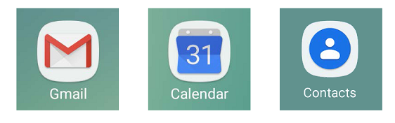 Android icons for the Gmail, Calendar and Contacts apps 