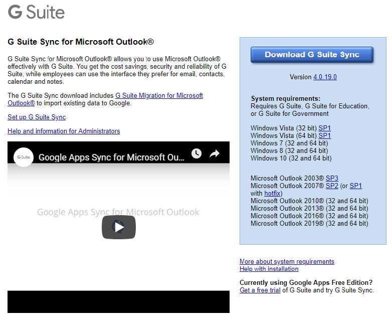 Screenshot of G Suite Sync download page 