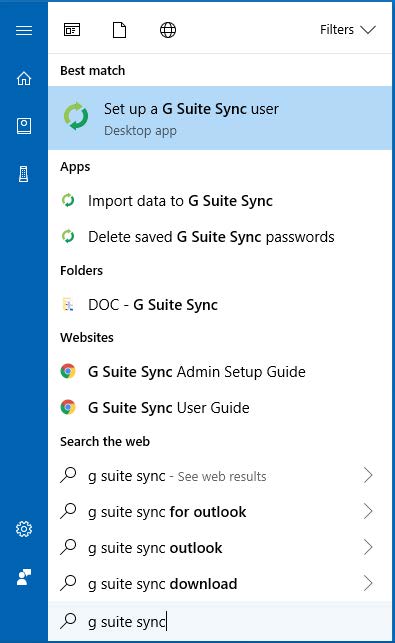 Screenshot of the Windows Start menu expanded with "Set up a G Suite Sync user" highlighted under the "Best match" subheading 