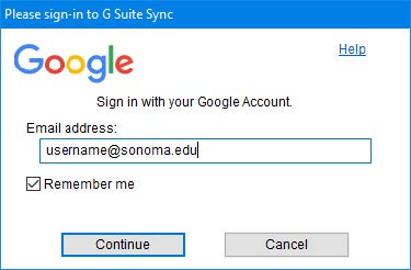 Screenshot of the G-Suite Sync sign-in window with an example email address entered in the "Email address" field 