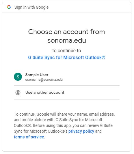Screenshot of Google's sign-in page prompting the user to "Choose an account from sonoma.edu", with one sample user account shown in the list beneath it 