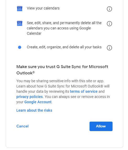 Screenshot of the bottom half of the "G Suite Sync for Microsoft Outlook wants to access your Google Account" page showing the "Allow" button 