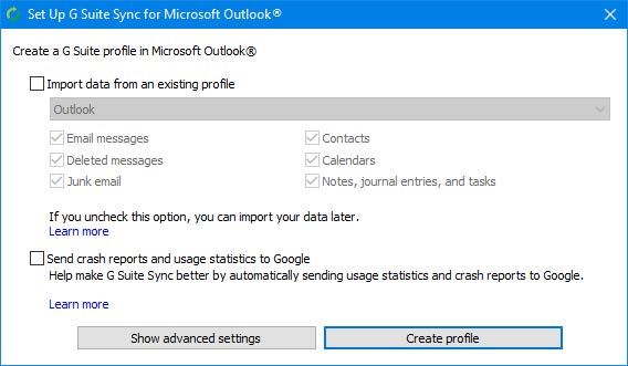 Screenshot of the "Set Up G Suite Sync for Microsoft Outlook" dialog box with the "Create profile" button highlighted