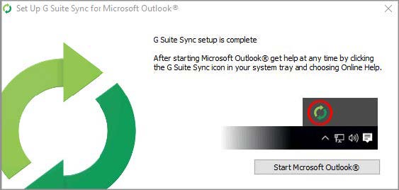 Screenshot of a window explaining that G Suite Sync setup is complete and featuring a button that reads "Start Microsoft Outlook" 