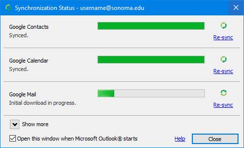 Screenshot of the Synchronization Status window in Outlook showing a synchronization in progress 