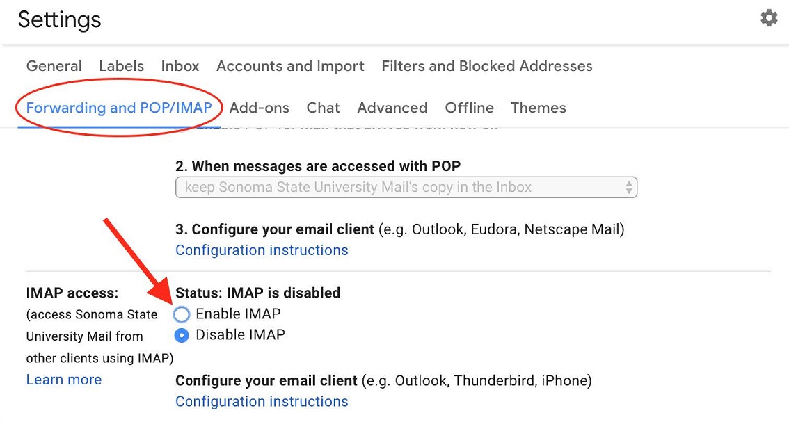 Screenshot of the Gmail Settings screen with the Forwarding and POP/IMAP subheading circled and an arrow pointing to the Enable IMAP radio button 