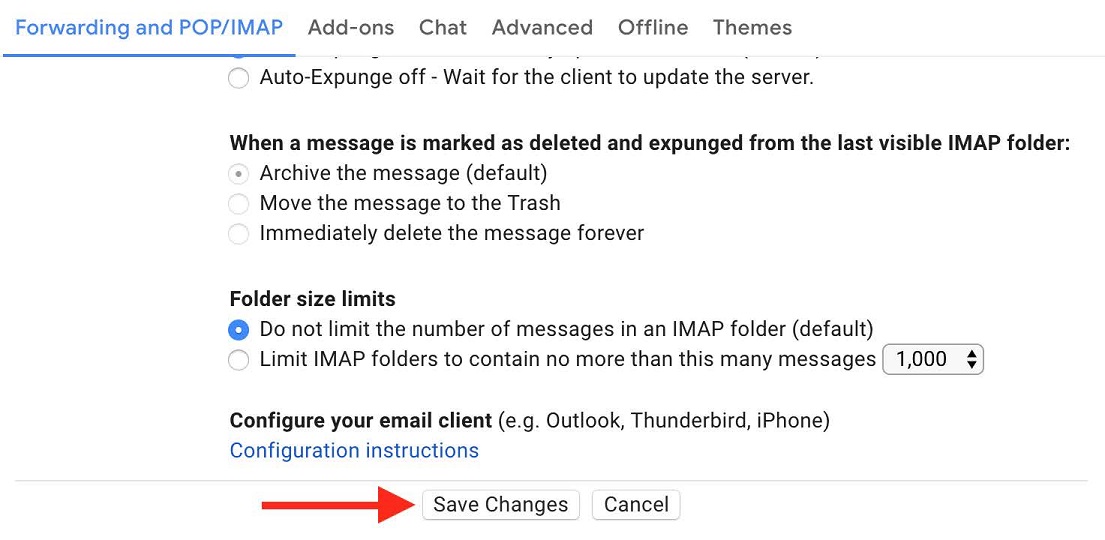 Screenshot of the Gmail Settings window with the Forwarding and POP/IMAP subheading selected and an arrow pointing to the Save Changes button 