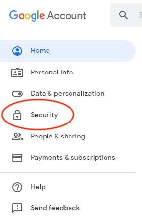 Screenshot of the Google Account sidebar with the Security item circled 