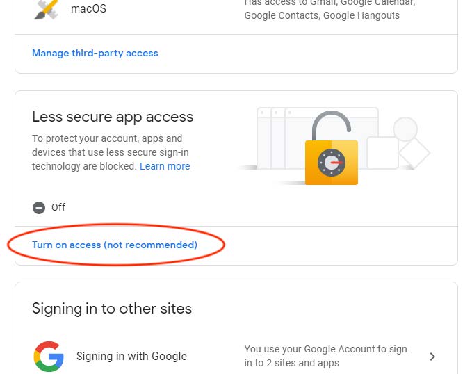 Screenshot of the "Less secure app access" section of the Google security preferences window with the "Turn on access (not recommended)" option circled 