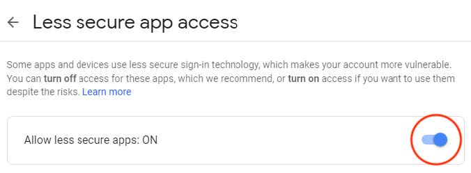 Screenshot of the "Less secure app access" setting with the toggle button turned on and a circle around it 