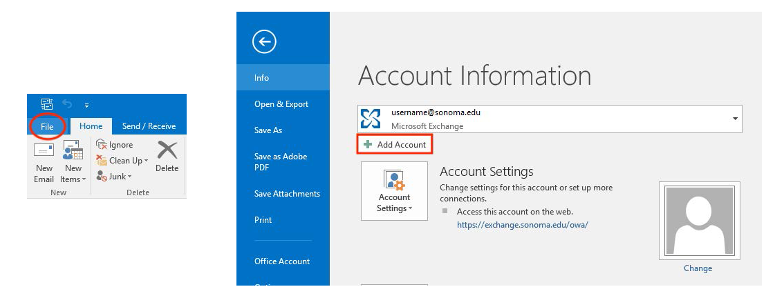 Screenshot of the top-left corner of the screen with Outlook open and a circle around the File tab, next to a screenshot of the Account Information screen with a box around the "Add Account" button 