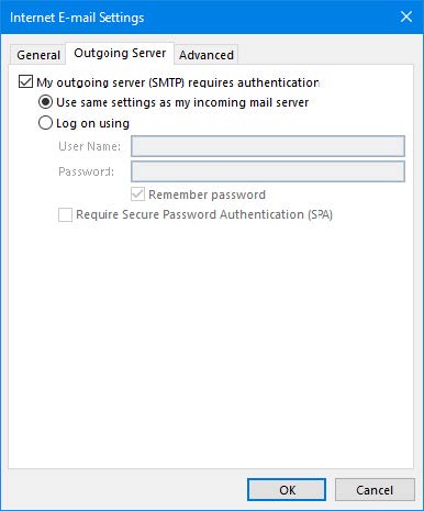 Screenshot of the Internet E-mail Settings window with the Outgoing Server tab selected and a check next to the "My Outgoing server (SMTP) requires authentication box, and the radio button selected for "Use same settings as my incoming mail server" 