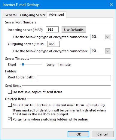 Screenshot of the Internet E-mail Settings window with the Server Port Numbers section filled in with the information listed on the FAQ 