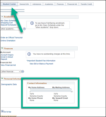 Arrow pointing at a tab labeled Student Center and a box highlighting contact information at the bottom of the screen