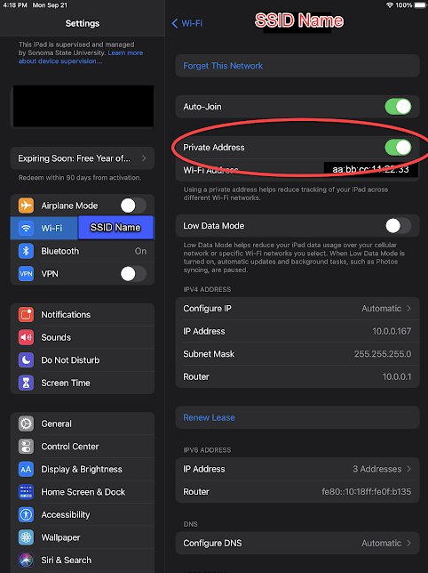 IOS Wi-Fi settings showing the Private Address setting