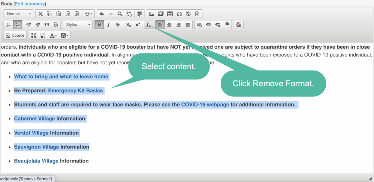 Screenshot of Drupal HTML editor, with arrows pointing to selected content and Remove Format button - click to zoom