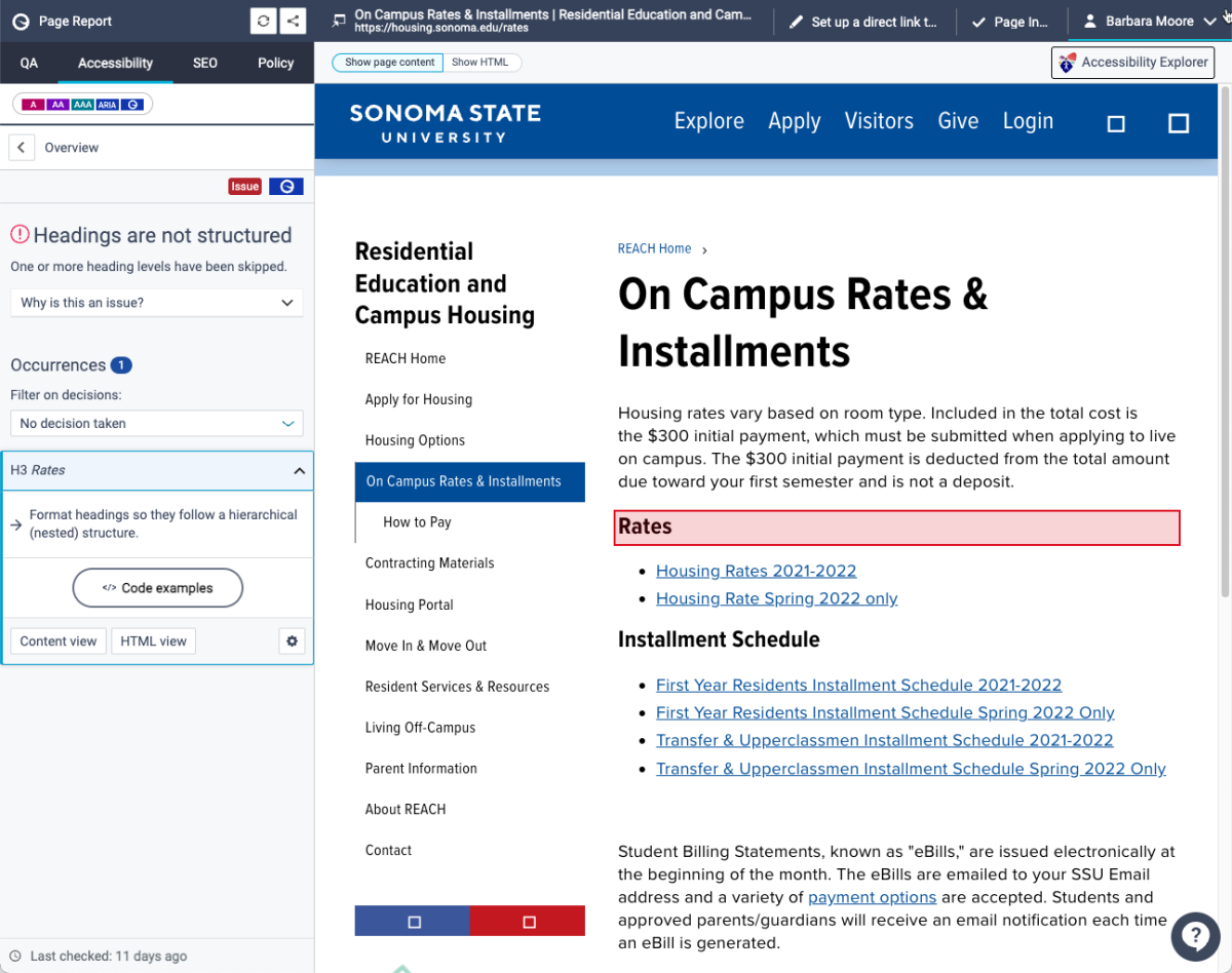 Screenshot of Siteimprove page report indicating incorrect heading level used in content- click to zoom